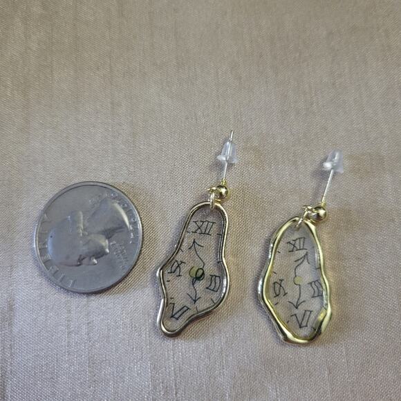 Unique Surreal Melting Clock Gold Tone Earrings - Picture 2 of 2